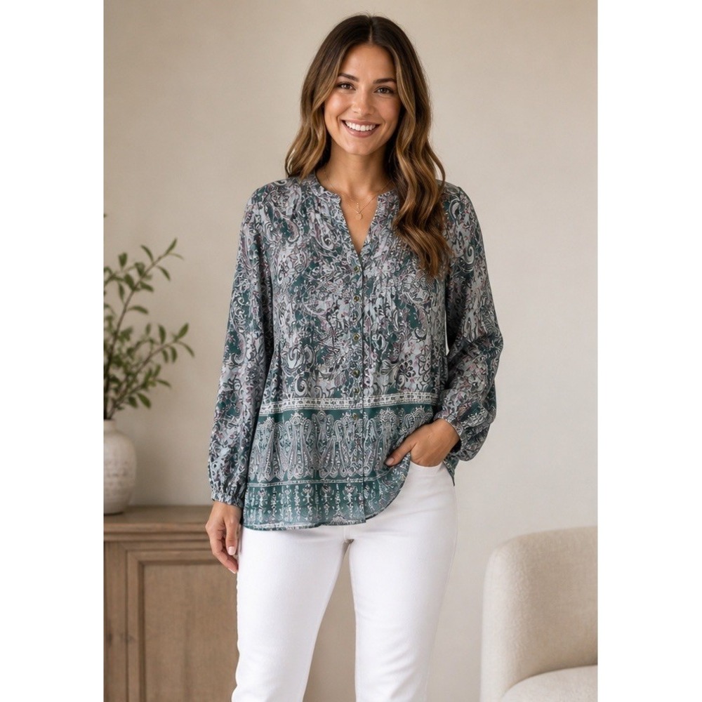 Knox Rose XL Paisley Blouse Green Blue Long Sleeve  Button Front Boho Top NWT